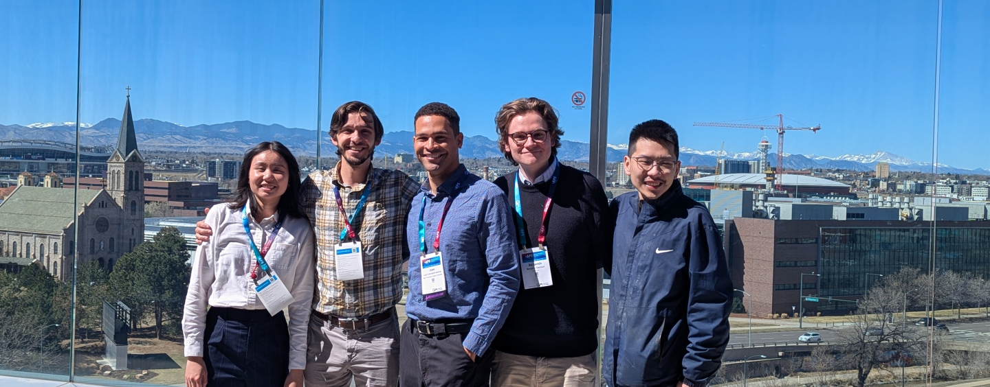 5 SF State students standing on a walkway at the the 2026 Global Physics Summit